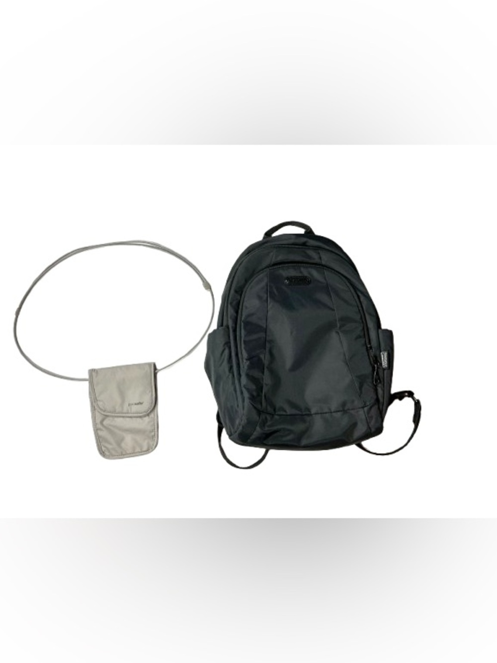 Pacsafe Black Travel Anti-Theft Backpack with Small Gray Neck Pouch